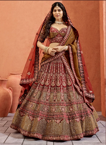 Beautiful Designer Bridal Maroon Velvet Hand Work Lehenga Choli