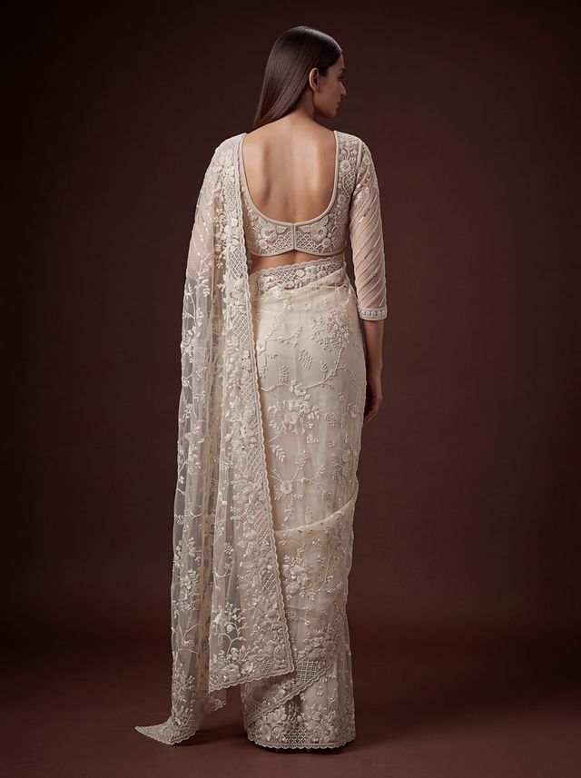 White Pure Premium Net Handwork Kasti &amp; Motif Zari Metallic Sequins Work Wedding Saree