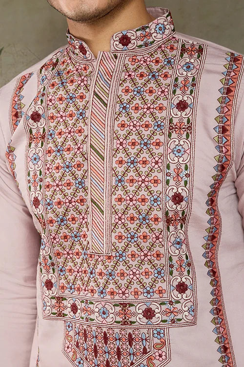 Dusty Pink Silk Embroidered Kurta Pajama for Men
