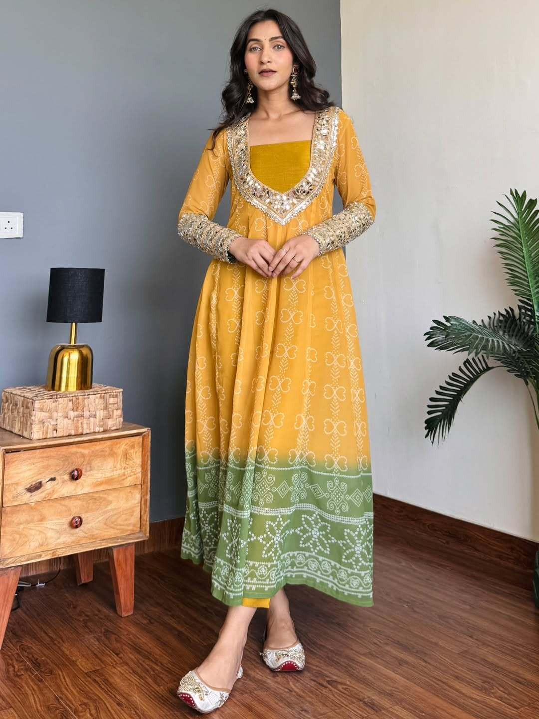 Mustard Yellow & Green Faux Georgette Kurti Set with Mirror Work