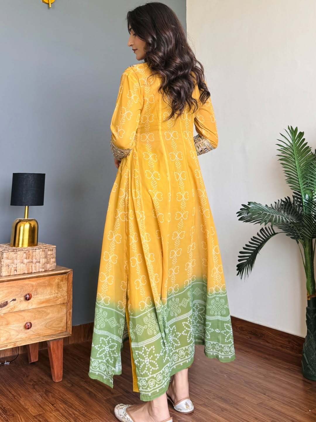 Mustard Yellow &amp; Green Faux Georgette Kurti Set with Mirror Work