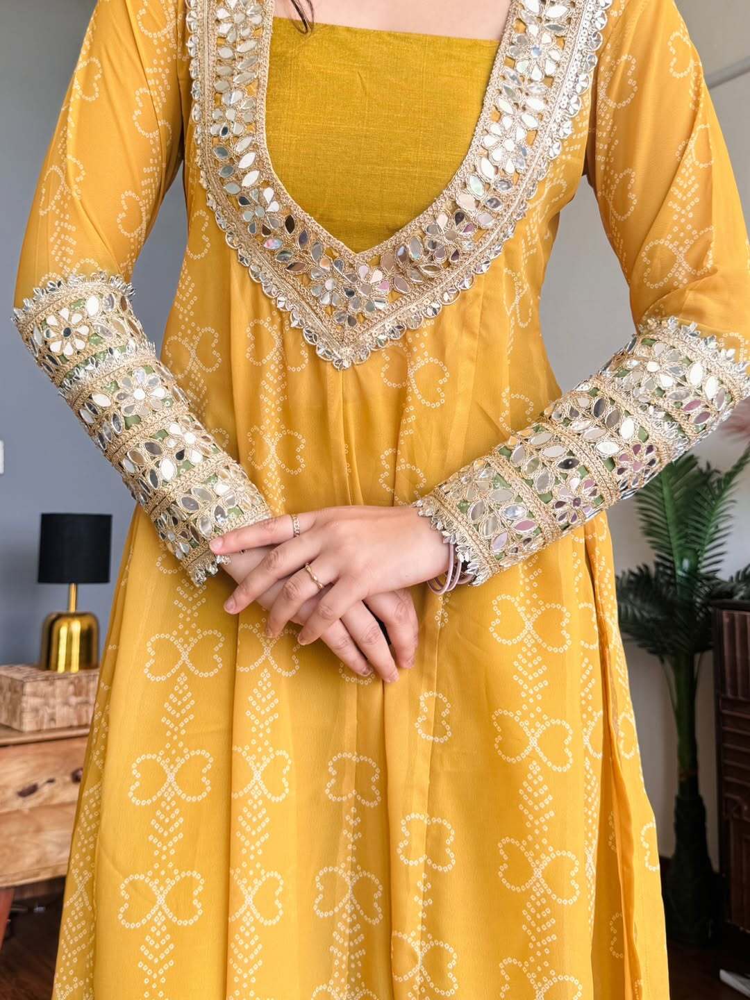 Mustard Yellow & Green Faux Georgette Kurti Set with Mirror Work