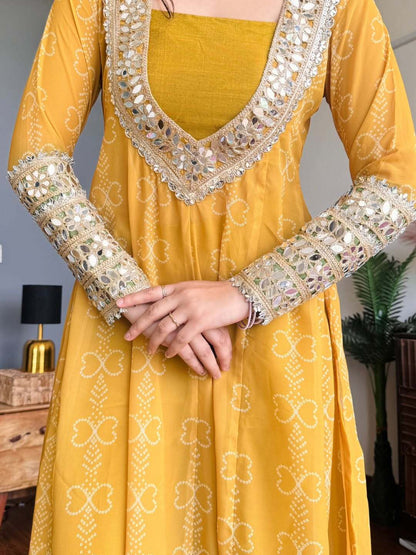 Mustard Yellow &amp; Green Faux Georgette Kurti Set with Mirror Work
