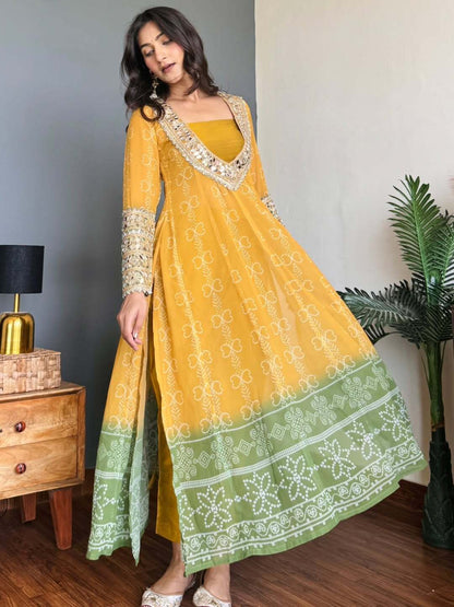 Mustard Yellow &amp; Green Faux Georgette Kurti Set with Mirror Work