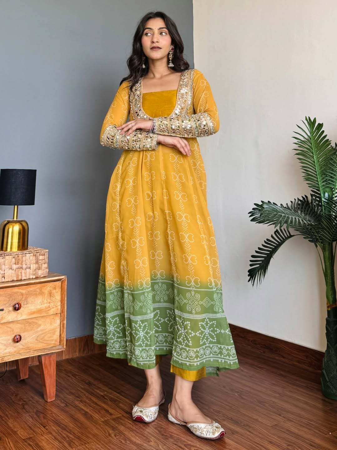 Mustard Yellow &amp; Green Faux Georgette Kurti Set with Mirror Work