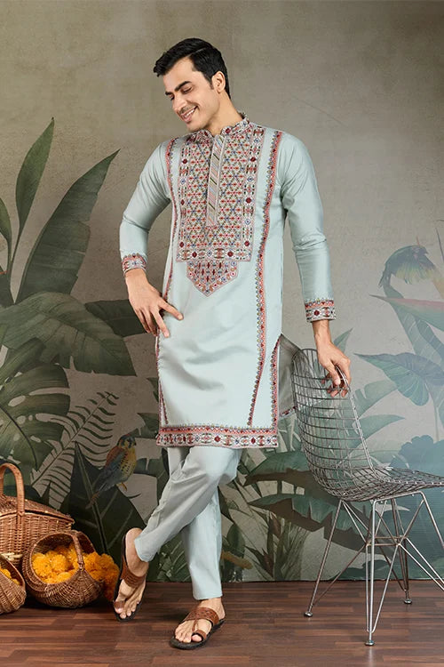Men’s Sky Blue Embroidered Silk Kurta Pajama Set