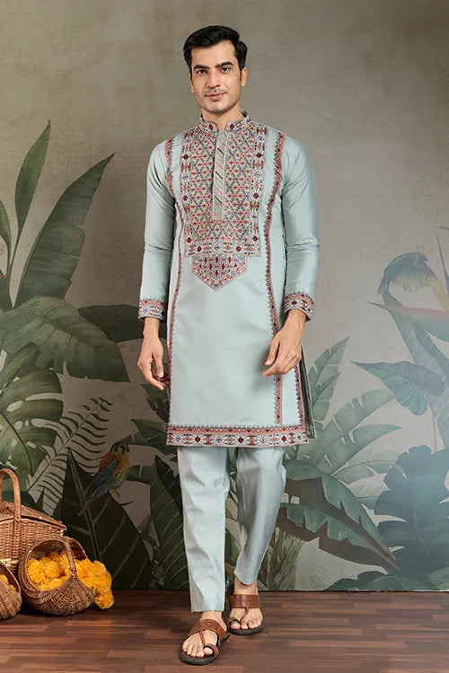 Men’s Sky Blue Embroidered Silk Kurta Pajama Set