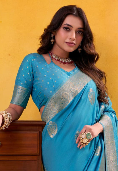 Sky Blue Pure Soft Dhatu Silk Handloom Tussar Silk Saree 