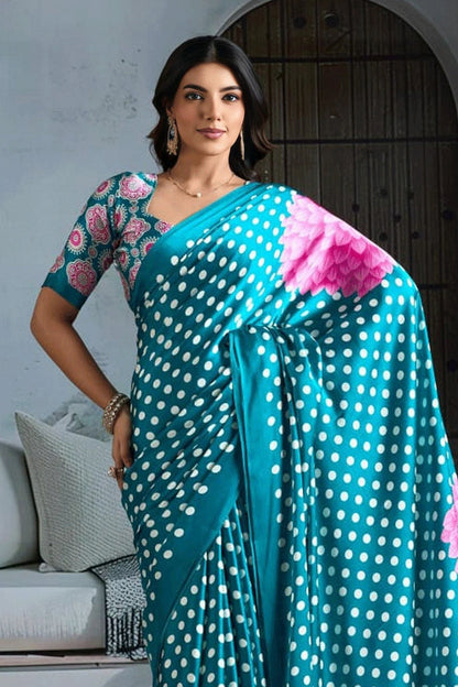Sky Pure Modal Satin Ajrakh Print Satin Saree Japan Satin Saree Anant Tex Exports Pvt.Ltd..