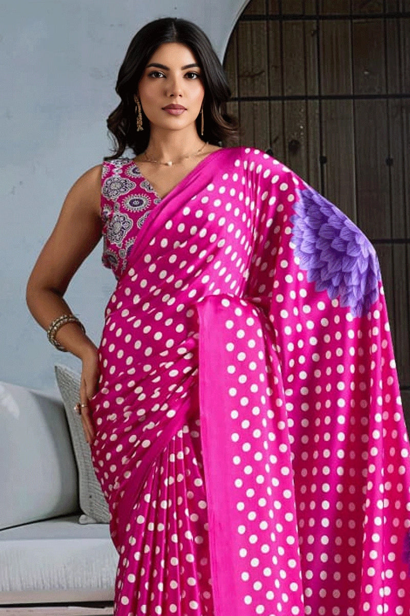 Pink Pure Modal Satin Ajrakh Print Satin Saree Japan Satin Saree Anant Tex Exports Pvt.Ltd..