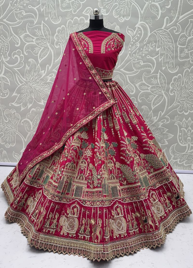 Rasberry Pink Pure Soft Silk Heavy Embroidery Work Bridal Lehenga