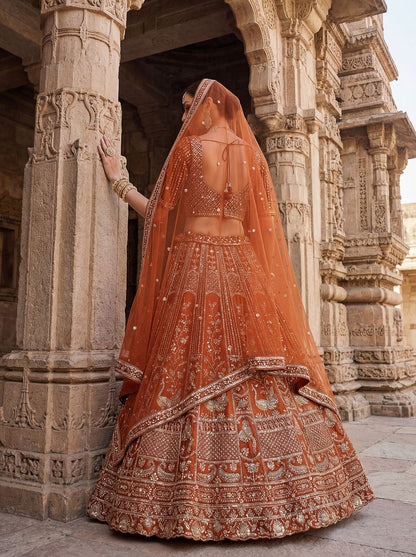 Orange Pure Soft Silk Heavy Embroidery Work Bridal Lehenga 