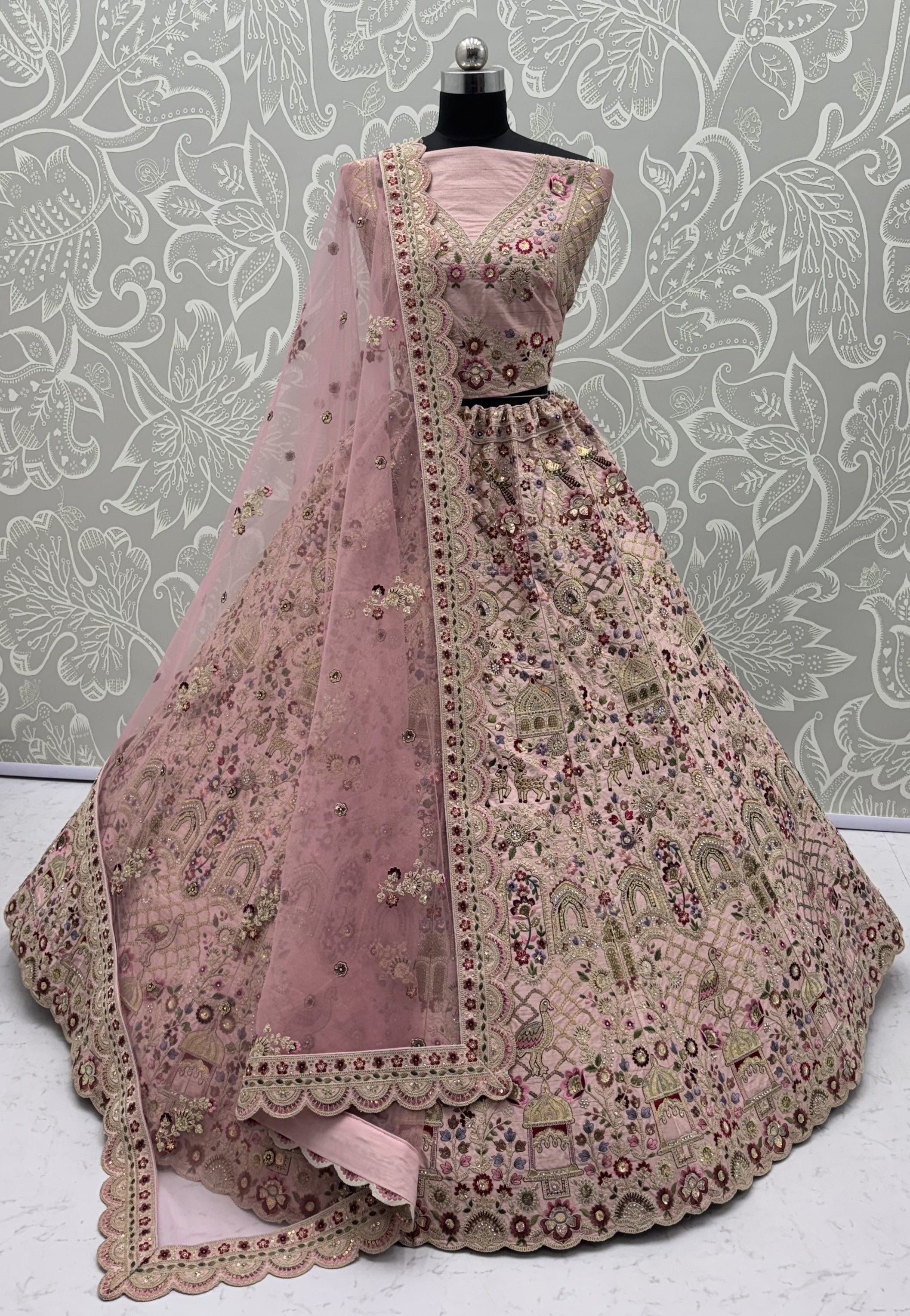 Pink Pure Soft Gadhwal Silk Heavy Embroidery Work Bridal Lehenga Choli