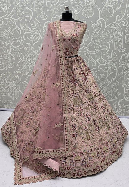 Pink Pure Soft Gadhwal Silk Heavy Embroidery Work Bridal Lehenga Choli