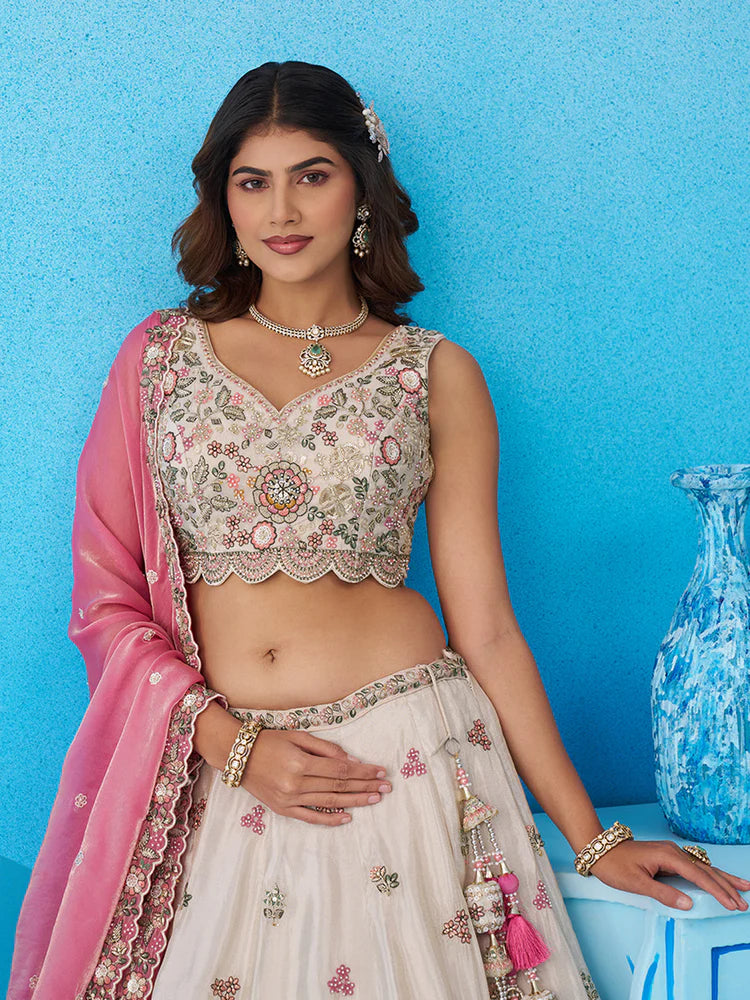Cream &amp; Pink Lehenga Choli with Embroidered Dupatta