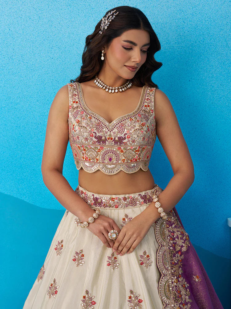 Cream &amp; Purple Lehenga Choli with Jacquard Dupatta