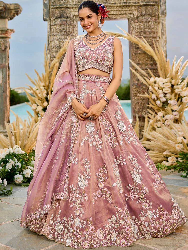 Dusty Pink Tissue Lehenga Choli with Sequins Embroidery