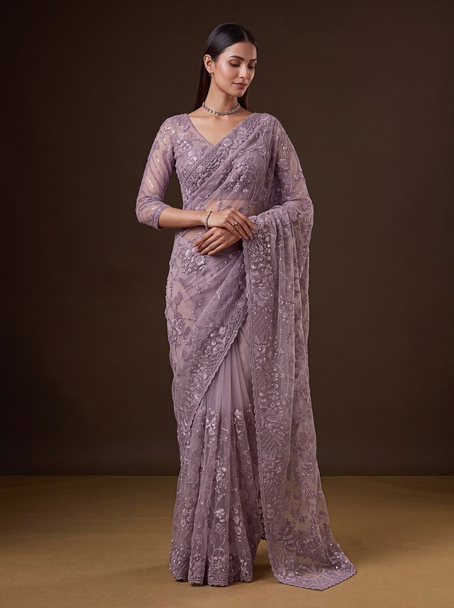 Lavender Pure Premium Net Handwork Kasti &amp; Motif Zari Metallic Sequins Work Wedding Saree