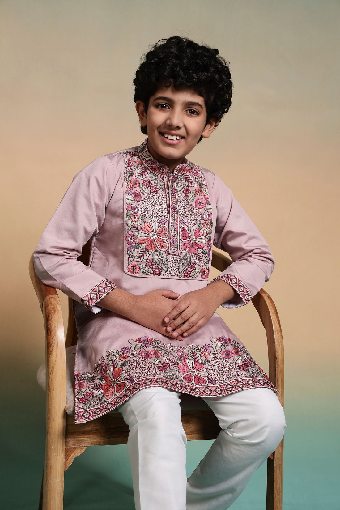 Pink Pure Viscose Silk Kids Boy Kurta Pajama