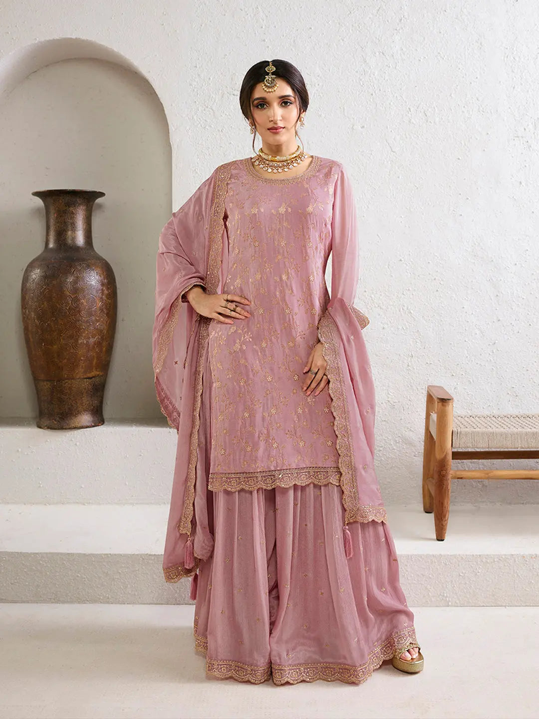 Sweet lilac chinnon jacquard sharara suit with sequin embroidery