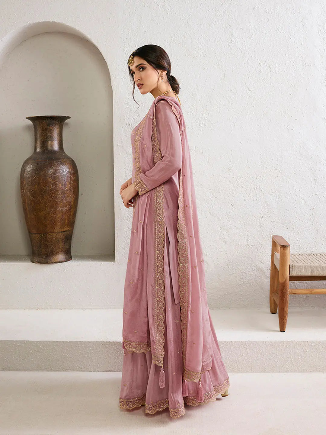 Pastel lilac sharara suit with tassel dupatta and 3/4 sleeves