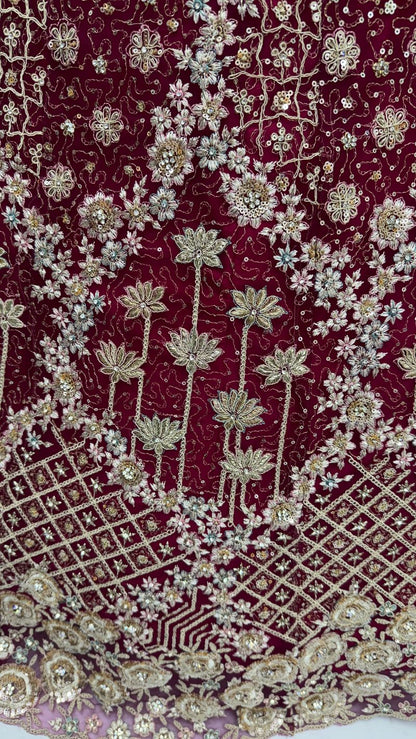 Raspberry Pure Soft Net Heavy Embroidery Work Bridal Lehenga