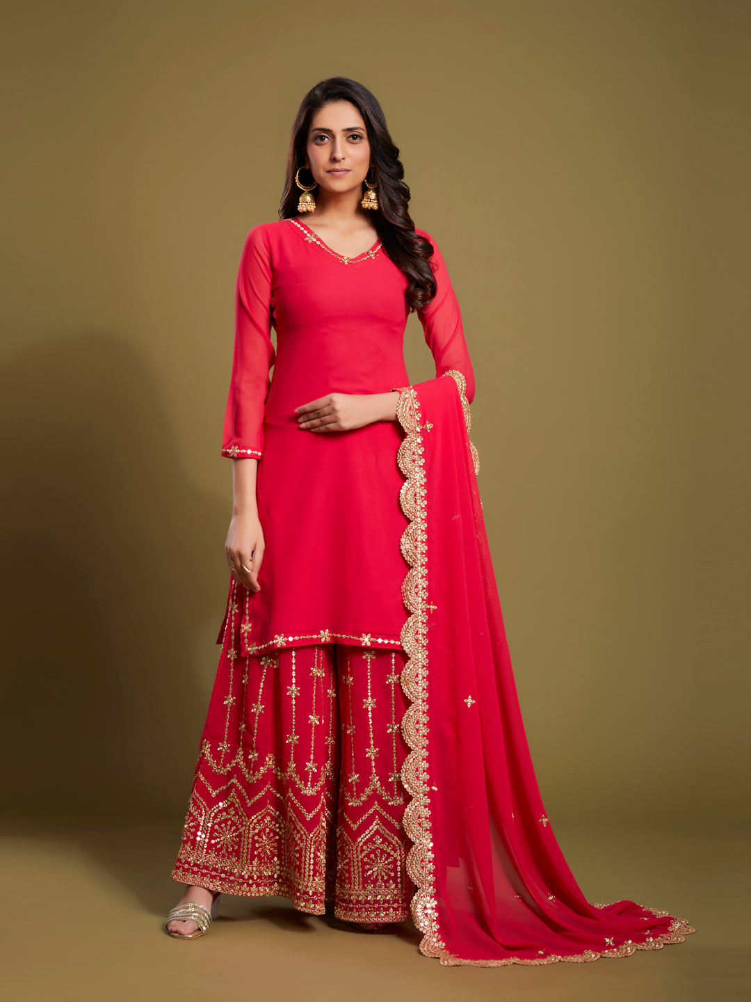 Georgette Palazzo Style Suit in Pink with Sequins and Zari, perfect for festive occasions