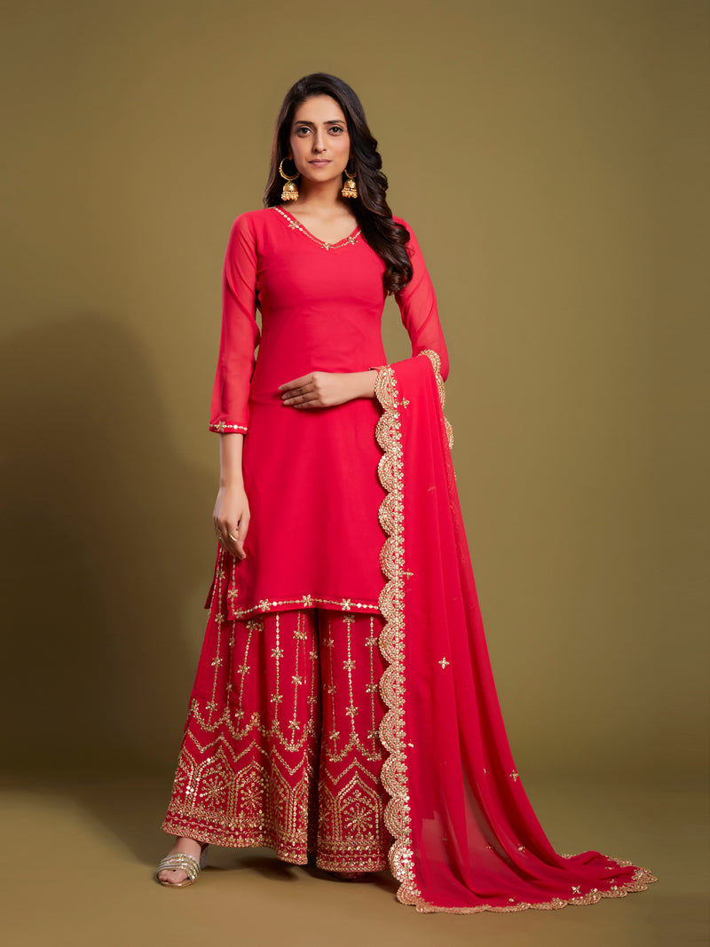 Georgette Palazzo Style Suit in Pink with Sequins and Zari, perfect for festive occasions