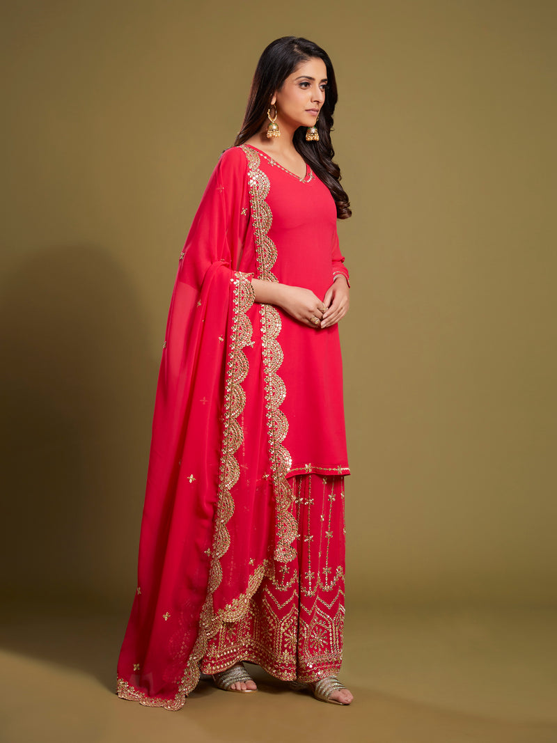 Georgette Palazzo Style Suit in Pink with Sequins and Zari, perfect for festive occasions