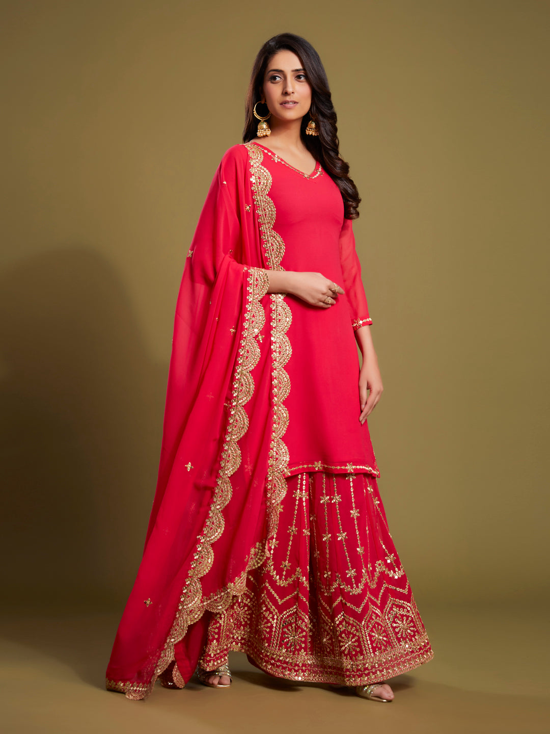 Georgette Palazzo Style Suit in Pink with Sequins and Zari, perfect for festive occasions