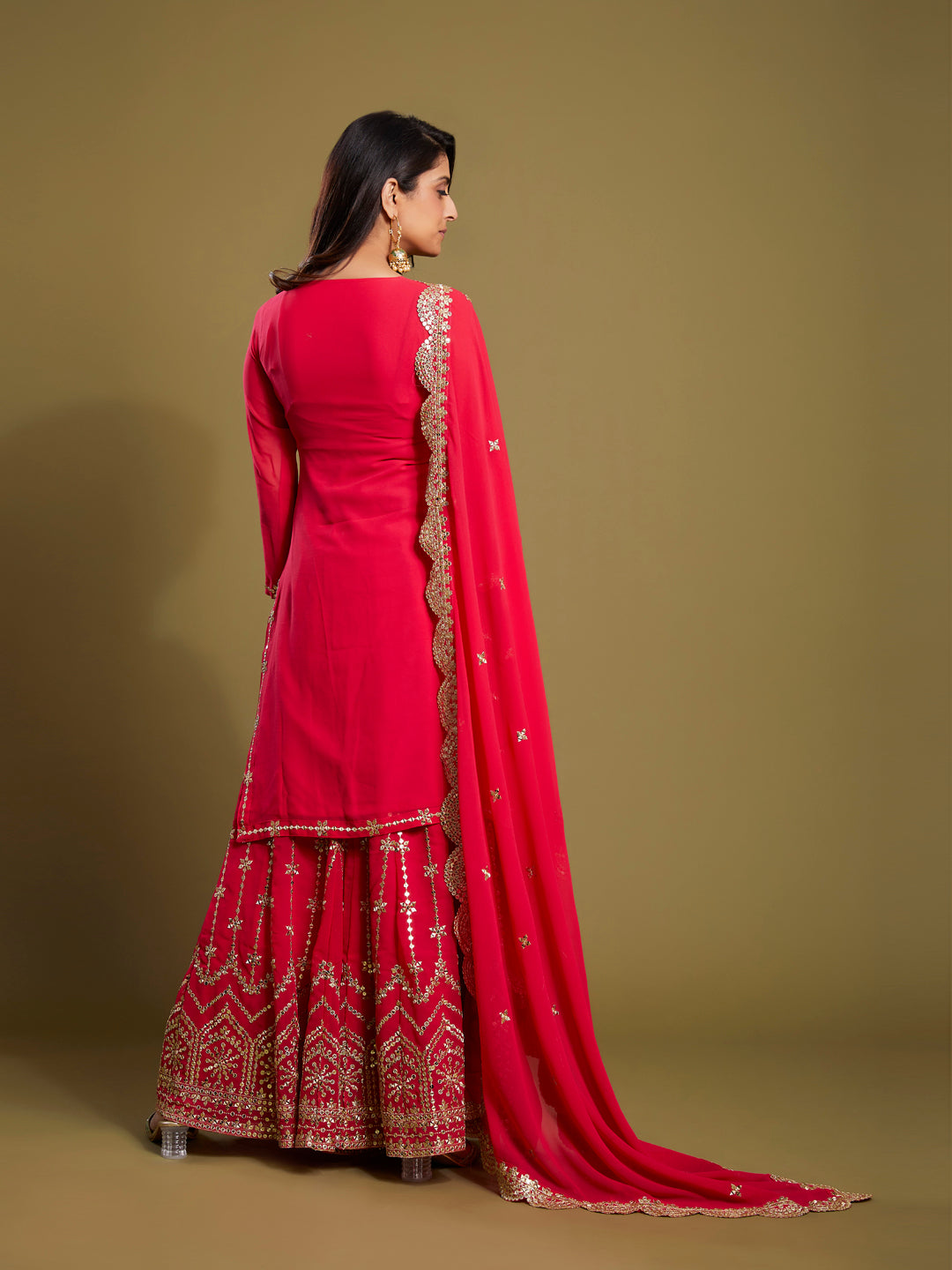 Georgette Palazzo Style Suit in Pink with Sequins and Zari, perfect for festive occasions