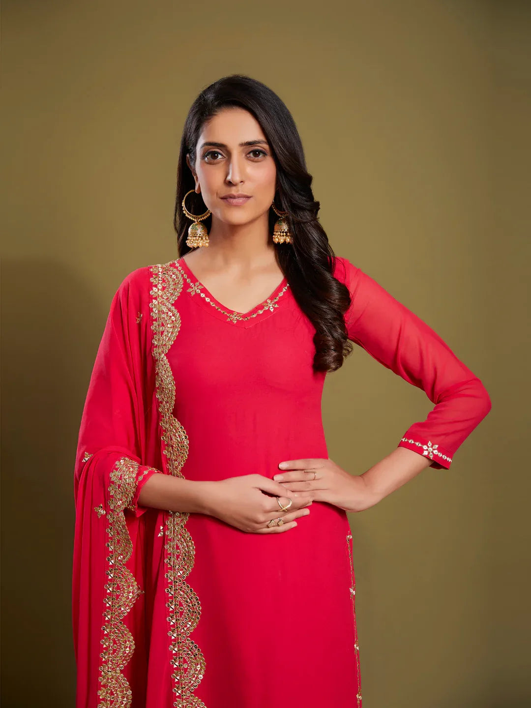Georgette Palazzo Style Suit in Pink with Sequins and Zari, perfect for festive occasions