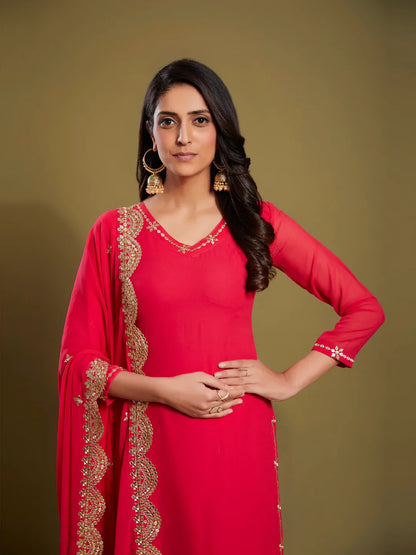 Georgette Palazzo Style Suit in Pink with Sequins and Zari, perfect for festive occasions