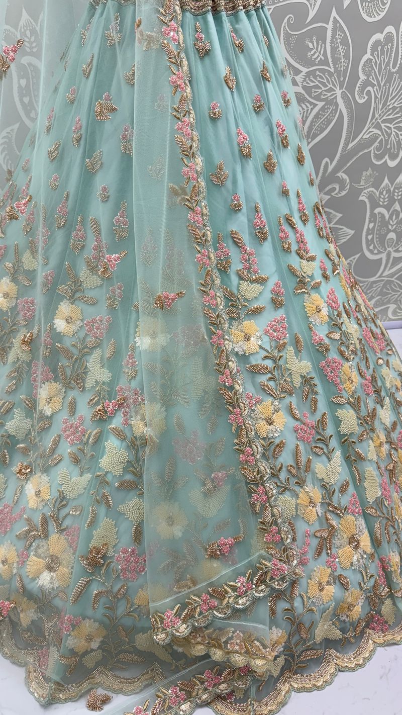Sky Blue Pure Soft Net Heavy Embroidery Work Bridal Lehenga