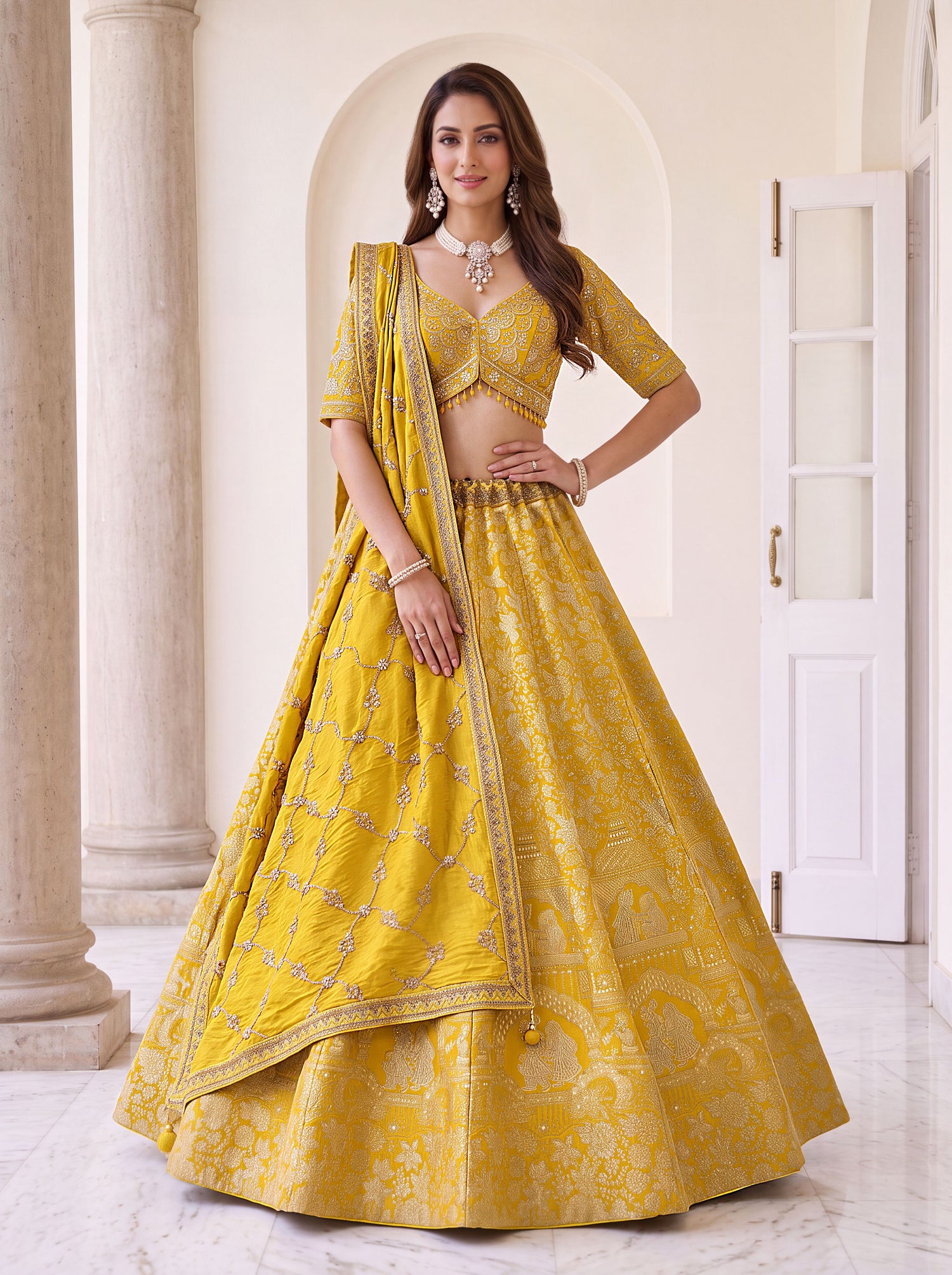 Royal Yellow Pure Banarasi Silk Zari Figure Pattern Weaving Work Bridal Lehenga Choli