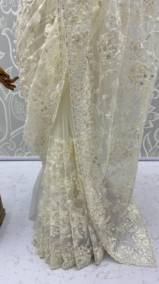 White Pure Premium Net Handwork Kasti &amp; Motif Zari Metallic Sequins Work Wedding Saree
