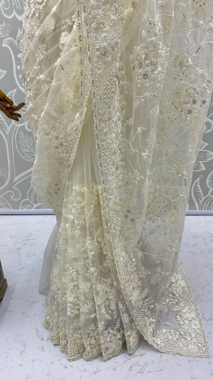 White Pure Premium Net Handwork Kasti &amp; Motif Zari Metallic Sequins Work Wedding Saree