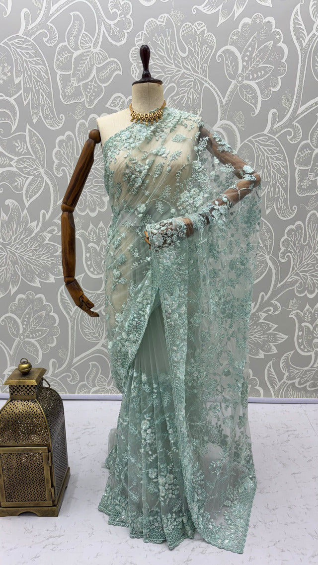 Sea Green Pure Premium Net Handwork Kasti &amp; Motif Zari Metallic Sequins Work Wedding Saree