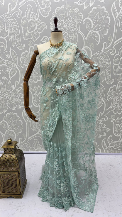 Sea Green Pure Premium Net Handwork Kasti &amp; Motif Zari Metallic Sequins Work Wedding Saree