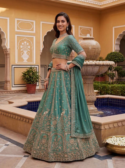 Dark Mint Pure Soft Heavy Fendi Orgenza Sequins Embroidery Work Bridal Lehenga 