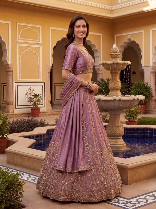 Pink Purple Pure Soft Heavy Fendi Orgenza Sequins Embroidery Work Brid