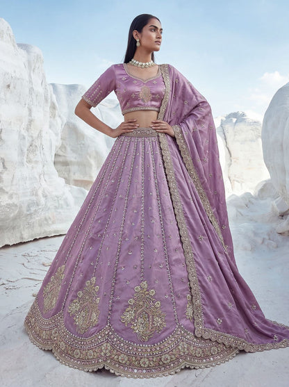 Lilac Pure Soft Silk Heavy Sequins Embellishment Work Bridal Lehenga Choli 