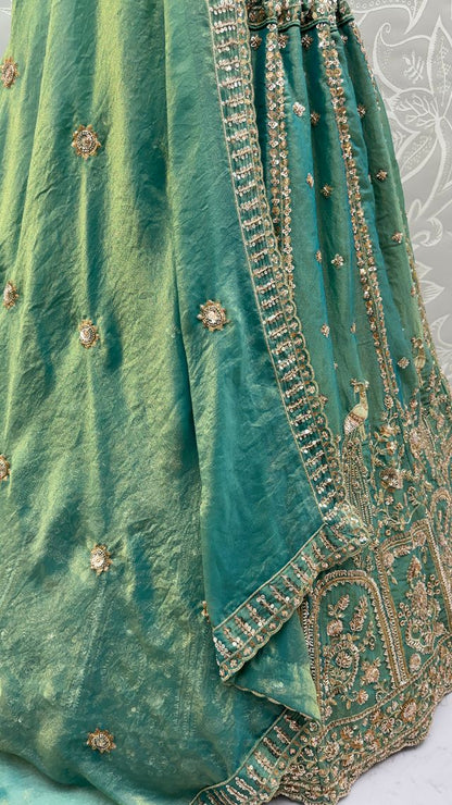 Dark Mint Pure Soft Heavy Fendi Orgenza Sequins Embroidery Work Bridal Lehenga 