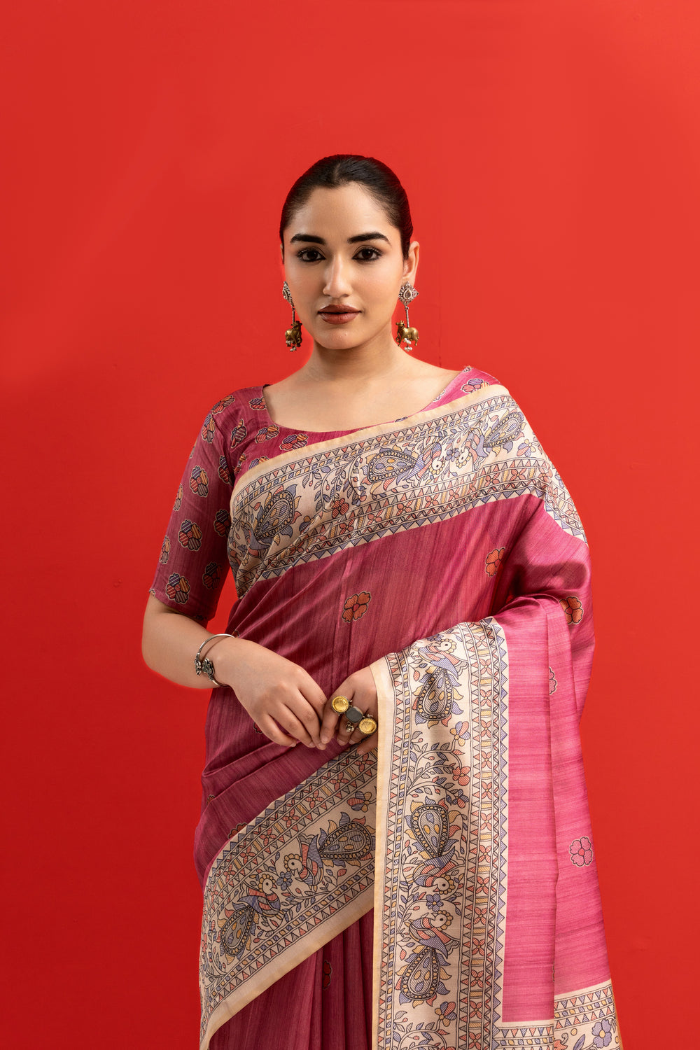 Pink Pure Tussar Madhubani Pallu Tussar Silk Saree