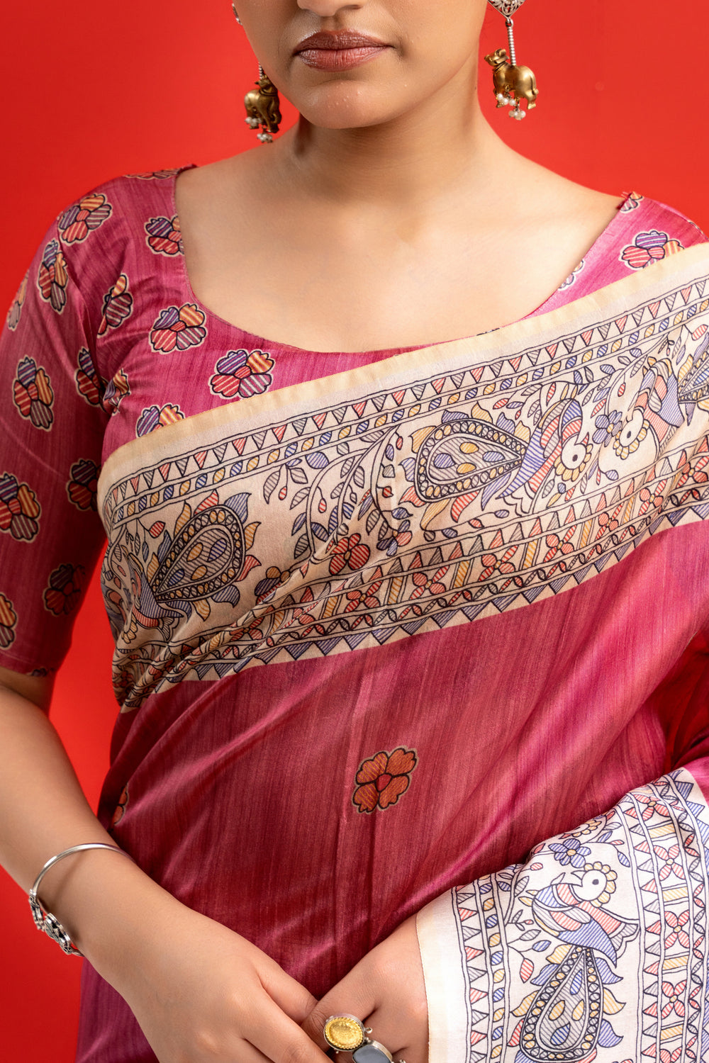 Pink Pure Tussar Madhubani Pallu Tussar Silk Saree