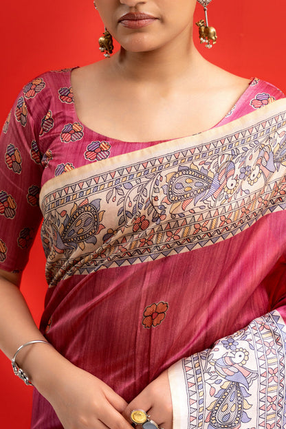 Pink Pure Tussar Madhubani Pallu Tussar Silk Saree Tussar Saree Anant Tex Exports Pvt.Ltd..