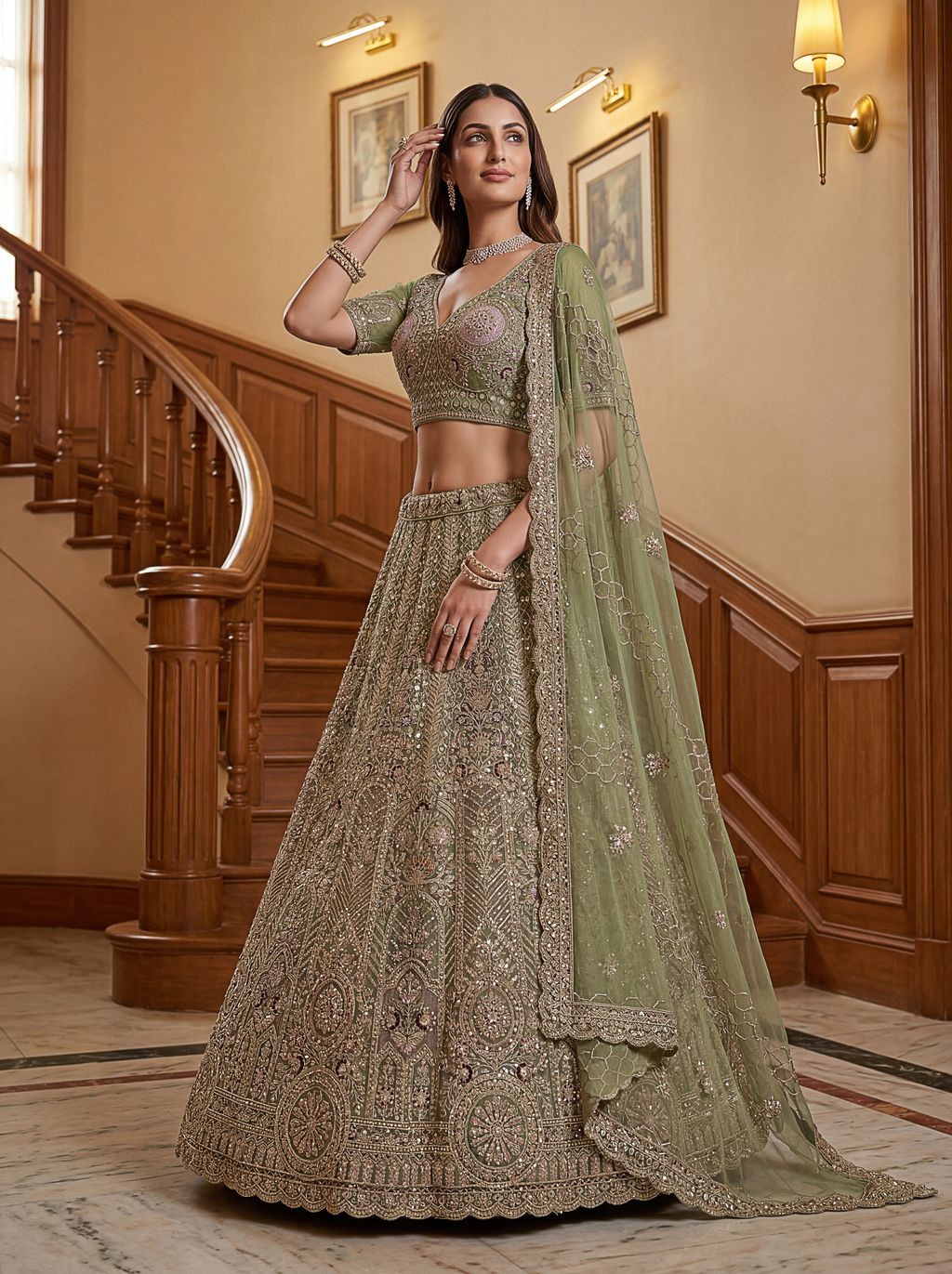 Pista Pure Soft Heavy Net Sequins Embroidery Work Bridal Lehenga 