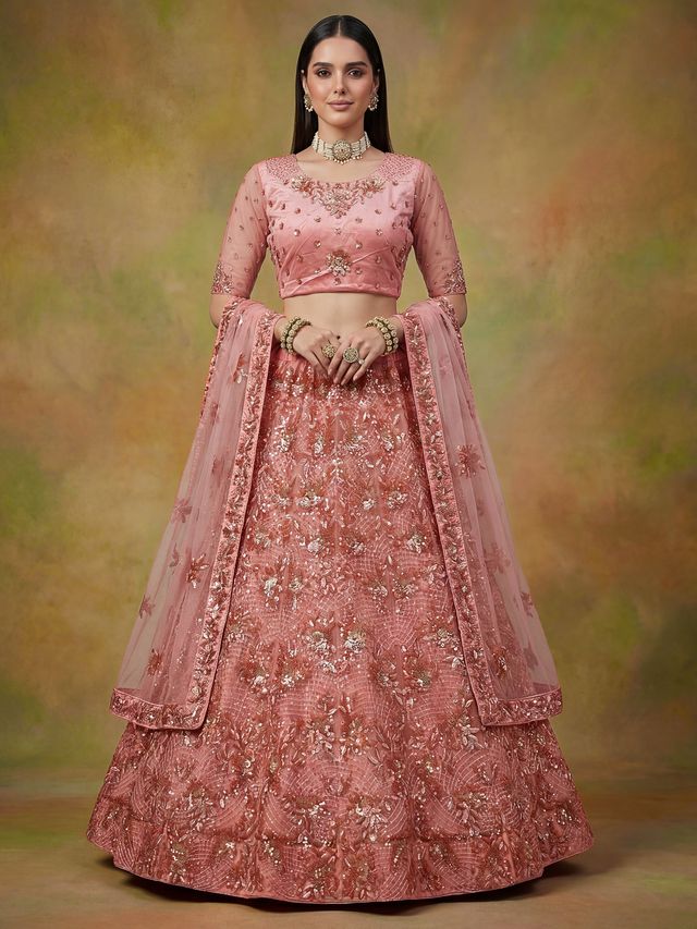 Peach Pink Pure Soft Heavy Net Sequins Embroidery Work Bridal Lehenga 