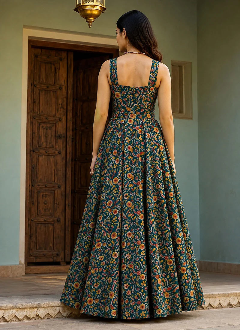 Teal Blue Pure Heavy Soft Silk Digital Printed Anarkali Gown