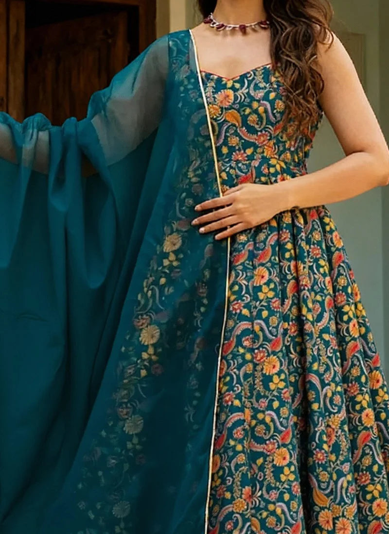 Teal Blue Pure Heavy Soft Silk Digital Printed Anarkali Gown